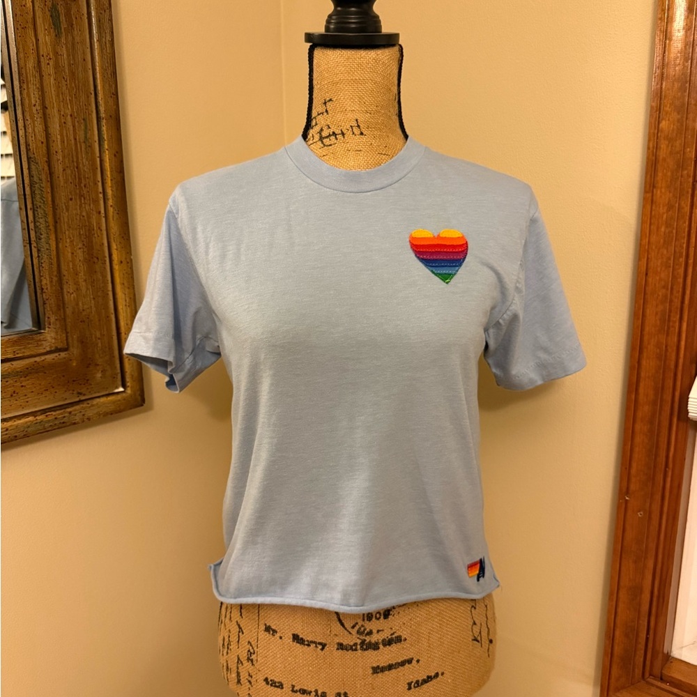 Aviator Nation Light Blue Tee with Rainbow Heart